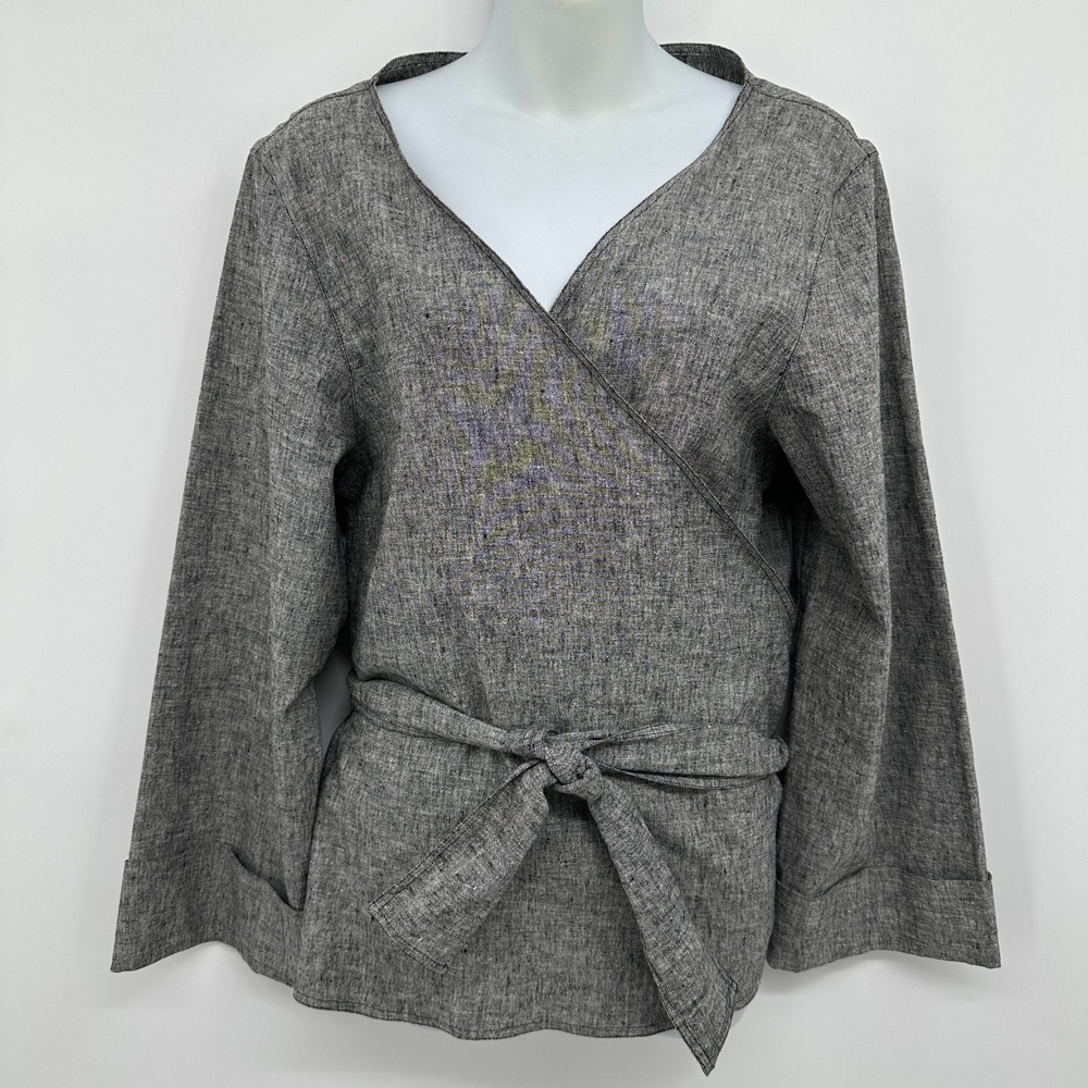 Courtney Washington Top Shirt Large 100% Linen‎ Wrap Tie Front Lagenlook Coastal